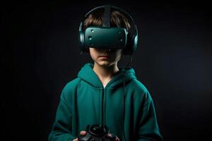 portret van een jongen in een virtueel realiteit helm. de concept van virtueel realiteit. generatief ai foto