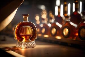 een fles van amber cognac omringd door andere flessen in een traditioneel Frans distilleerderij. generatief ai foto