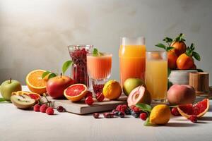 vers fruit sap Aan verbazingwekkend licht achtergrond, gezond drank rijk in vitamines. gemaakt generatief ai foto