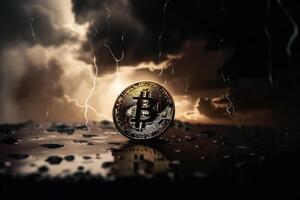 bitcoin met donder storm achtergrond, crypto valuta investering concept. generatief ai foto