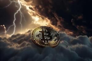 bitcoin met donder storm achtergrond, crypto valuta investering concept. generatief ai foto