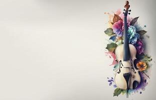 mooi viool met rustiek kleurrijk bloem in pastel achtergrond voor muziek- festival banier ai gegenereerd foto