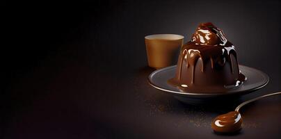 chocola pudding in de solide bord realistisch 3d, Product vitrine voor voedsel fotografie ai gegenereerd foto