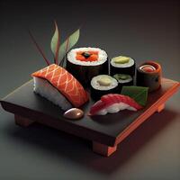 sushi Japans voedsel ik in de vlak houten bord realistisch Product vitrine voor voedsel fotografie ai gegenereerd ai gegenereerd foto