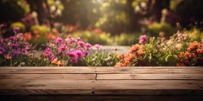 leeg houten tafel in bloemen tuin wazig achtergrond, vrij ruimte voor Product Scherm. generatief ai foto