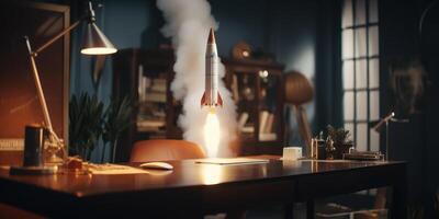 bedrijf begin omhoog concept met raket lancering in werkplek. generatief ai foto