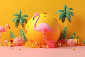 zomer feestelijk met flamingo Aan geel achtergrond, tropisch zomer tijd. generatief ai foto