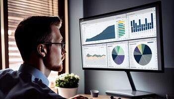 analist werken Aan bedrijf analytics dashboard gegenereerd ai foto