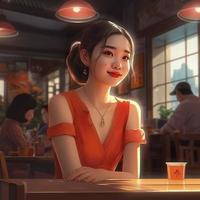 een jong vrouw is zittend Bij een restaurant tafel, in de stijl van momentopname stijlvol, gongbi, licht rood en licht bruin, genereren ai foto