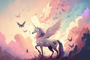 Pegasus eenhoorn en vlinders Aan bewolkt lucht achtergrond. pastel waterverf. generatief ai foto