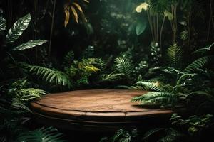 professioneel fotografie van een leeg ruimte mockup podium met een jungle-thema natuur achtergrond voor een verbijsterend zichtbaar gevolg foto