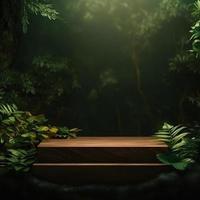 professioneel fotografie van een leeg ruimte mockup podium met een jungle-thema natuur achtergrond voor een verbijsterend zichtbaar gevolg foto