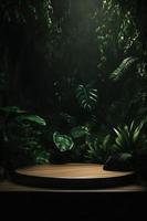 professioneel fotografie van een leeg ruimte mockup podium met een jungle-thema natuur achtergrond voor een verbijsterend zichtbaar gevolg foto