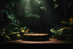 professioneel fotografie van een leeg ruimte mockup podium met een jungle-thema natuur achtergrond voor een verbijsterend zichtbaar gevolg foto