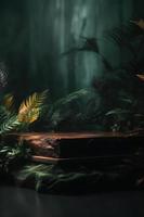 professioneel fotografie van een leeg ruimte mockup podium met een jungle-thema natuur achtergrond voor een verbijsterend zichtbaar gevolg foto