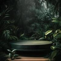 professioneel fotografie van een leeg ruimte mockup podium met een jungle-thema natuur achtergrond voor een verbijsterend zichtbaar gevolg foto