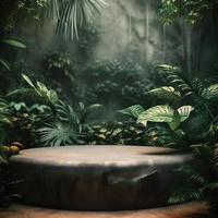 professioneel fotografie van een leeg ruimte mockup podium met een jungle-thema natuur achtergrond voor een verbijsterend zichtbaar gevolg foto