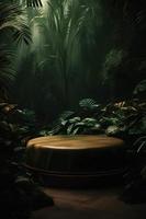 professioneel fotografie van een leeg ruimte mockup podium met een jungle-thema natuur achtergrond voor een verbijsterend zichtbaar gevolg foto