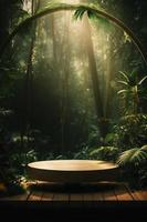 professioneel fotografie van een leeg ruimte mockup podium met een jungle-thema natuur achtergrond voor een verbijsterend zichtbaar gevolg foto