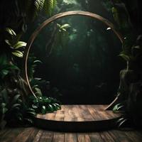 professioneel fotografie van een leeg ruimte mockup podium met een jungle-thema natuur achtergrond voor een verbijsterend zichtbaar gevolg foto