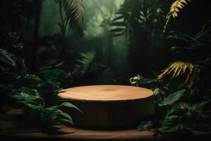 professioneel fotografie van een leeg ruimte mockup podium met een jungle-thema natuur achtergrond voor een verbijsterend zichtbaar gevolg foto