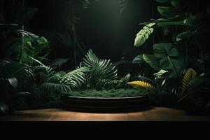 professioneel fotografie van een leeg ruimte mockup podium met een jungle-thema natuur achtergrond voor een verbijsterend zichtbaar gevolg foto