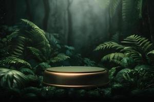 professioneel fotografie van een leeg ruimte mockup podium met een jungle-thema natuur achtergrond voor een verbijsterend zichtbaar gevolg foto