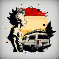 ai gegenereerd. generatief ai. abstract grafisch psychopaat graffiti met de camper rv busje jongen en bloemen. geïnspireerd door oud wijnoogst kunst en banksy stijl. grafisch kunst illustratie. foto