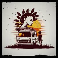 ai gegenereerd. generatief ai. abstract grafisch psychopaat graffiti met de camper rv busje jongen en bloemen. geïnspireerd door oud wijnoogst kunst en banksy stijl. grafisch kunst illustratie. foto