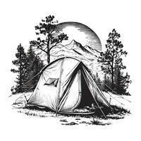 ai gegenereerd. generatief ai. wijnoogst retro camping tent in gravure stijl. avontuur reis reis motiverende poster. kan worden gebruikt voor decoratie en inspiratie. grafisch kunst illustratie. foto