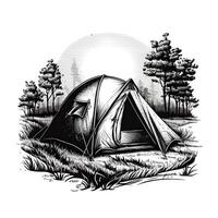 ai gegenereerd. generatief ai. wijnoogst retro camping tent in gravure stijl. avontuur reis reis motiverende poster. kan worden gebruikt voor decoratie en inspiratie. grafisch kunst illustratie. foto