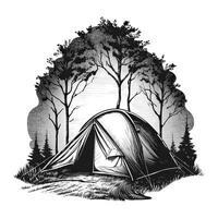 ai gegenereerd. generatief ai. wijnoogst retro camping tent in gravure stijl. avontuur reis reis motiverende poster. kan worden gebruikt voor decoratie en inspiratie. grafisch kunst illustratie. foto