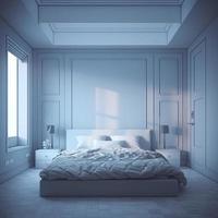 leeg modern, minimaal en luxe licht blauw slaapkamer dynamisch verlichting, realistisch, 8k, genereren ai foto