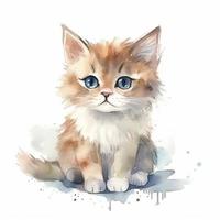 gemakkelijk kawaii schattig mooi katje, pluizig vacht, waterverf geïsoleerd, wit achtergrond, genereren ai foto