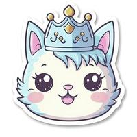 sticker, gelukkig blauw ogen kleurrijk katje vervelend kroon, kawaii, contour, wit achtergrond, genereren ai foto
