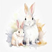 vrij wit konijn moeder met wit konijn kind water kleur, pastel ,wit achtergrond, genereren ai foto