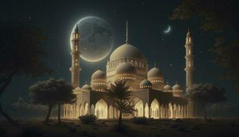 lantaarns staat in de woestijn Bij nacht lucht, lantaarn Islamitisch moskee, halve maan maan Ramadan kareem themed illustratie achtergrond, genereren ai foto