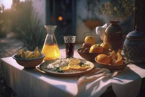 Ramadan iftar voedsel, iftar maaltijden en bijeenkomsten, Ramadan iftar eid. moslim familie heeft avondeten Bij huis. tafel met traditioneel voedsel. eid al-fitr feesten, genereren ai foto