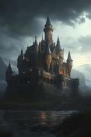 reusachtig gotisch kasteel met fantasie omgeving, genereren ai foto