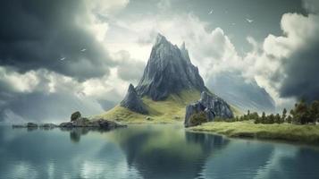 fantasie rots berg meer en rivier- in concept norse mythologie, genereren ai foto