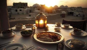 Ramadan iftar voedsel, iftar maaltijden en bijeenkomsten, Ramadan iftar eid. moslim familie heeft avondeten Bij huis. tafel met traditioneel voedsel. eid al-fitr feesten, genereren ai foto