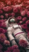 hoog structuur kwaliteit foto van biomechanisch astronaut aan het liegen in een weide van roze dahlia bloemen, genereren ai
