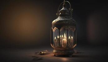 sier- Arabisch lantaarn met brandend kaars gloeiend . feestelijk groet kaart, uitnodiging voor moslim heilig maand Ramadan kareem. Ramadan kareem groet foto met sereen moskee achtergrond, genereren ai