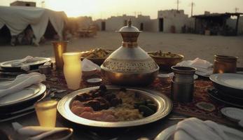 Ramadan iftar voedsel, iftar maaltijden en bijeenkomsten, Ramadan iftar eid. moslim familie heeft avondeten Bij huis. tafel met traditioneel voedsel. eid al-fitr feesten, genereren ai foto