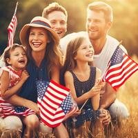 Amerikaans familie vieren golvend Verenigde Staten van Amerika vlaggen 4e van juli. generatief ai foto
