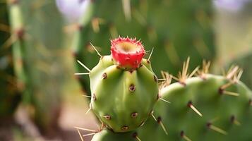 ai gegenereerd rood cactus bloem fruit dichtbij omhoog stekelig Peer, opuntia. natuurlijk fabriek achtergrond, kopiëren ruimte, botanisch en exotisch voedsel generatief ai foto
