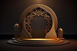 3d luxueus en elegant islamitisch thema podium voor Product Scherm, Ramadan podium. ai gegenereerd foto