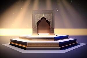 3d luxueus en elegant islamitisch thema podium voor Product Scherm, Ramadan podium. ai gegenereerd foto