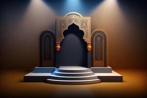 3d luxueus en elegant islamitisch thema podium voor Product Scherm, Ramadan podium. ai gegenereerd foto