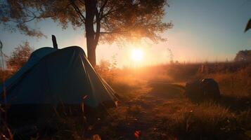 dageraad in de wild, camping Bij zonsopkomst. generatief ai foto